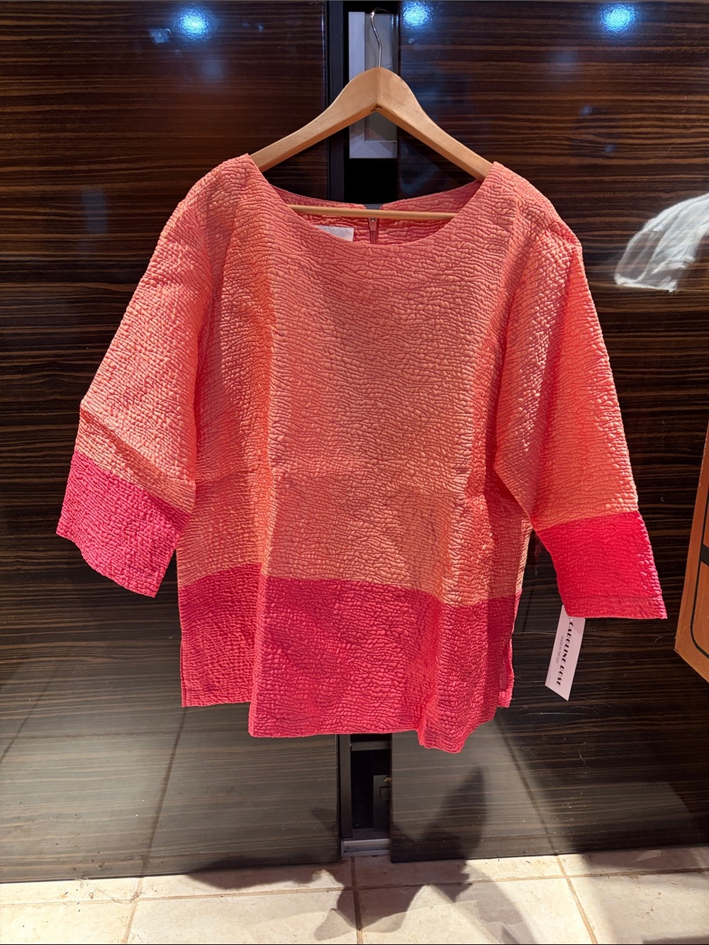 Caroline Rose Colorblock Cloque Tunic Blouse Orange Coral Pink Size XL